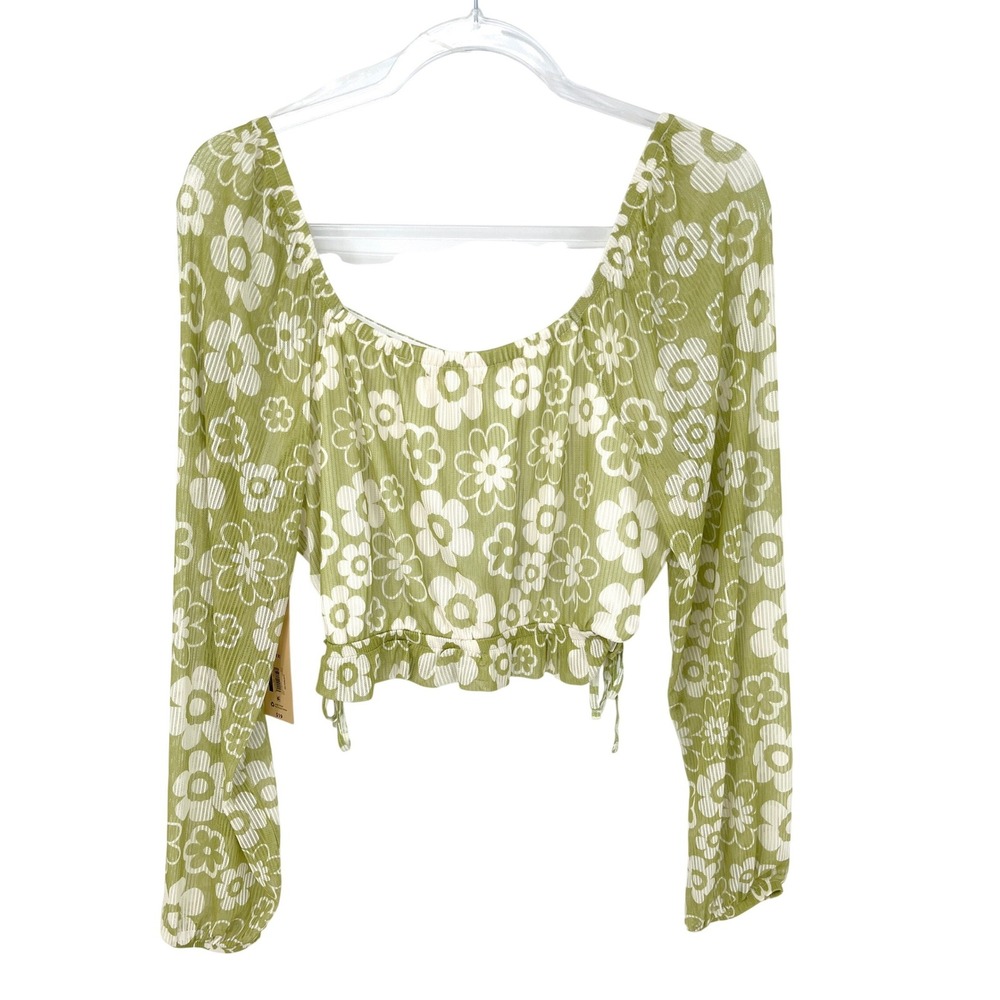 Floral Daisy Crop Top Long Sleeve Green White Juniors L 11-13 Concert Y2K NWT - Picture 1 of 11